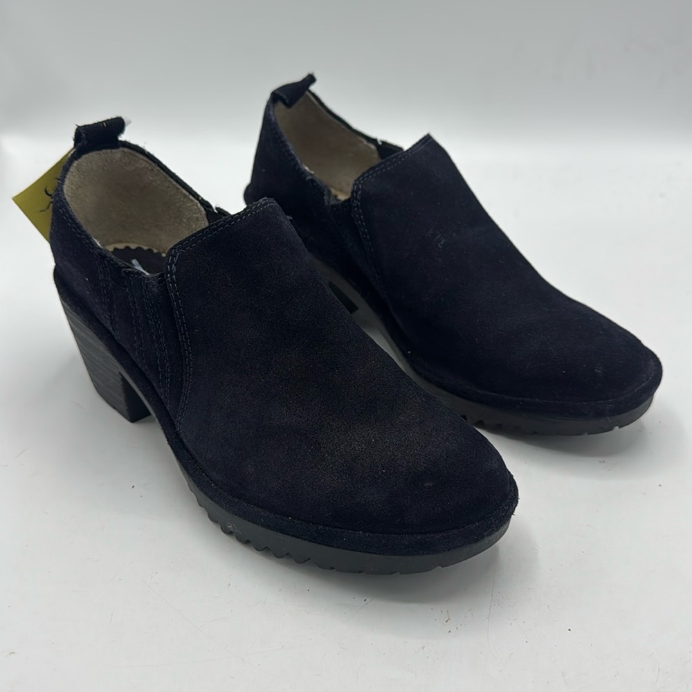 NWT Fly London Wate Black Suede Low Ankle Slip On Booties